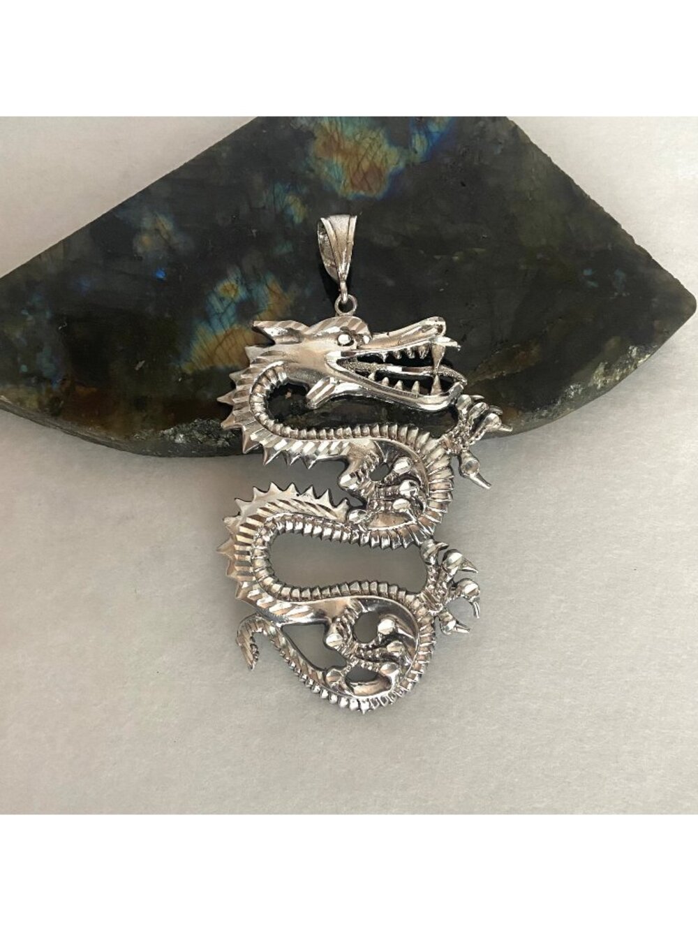 Sterling Silver 925 Large Heavy 4.29" Diamond Cut Chinese Dragon Pendant 39g